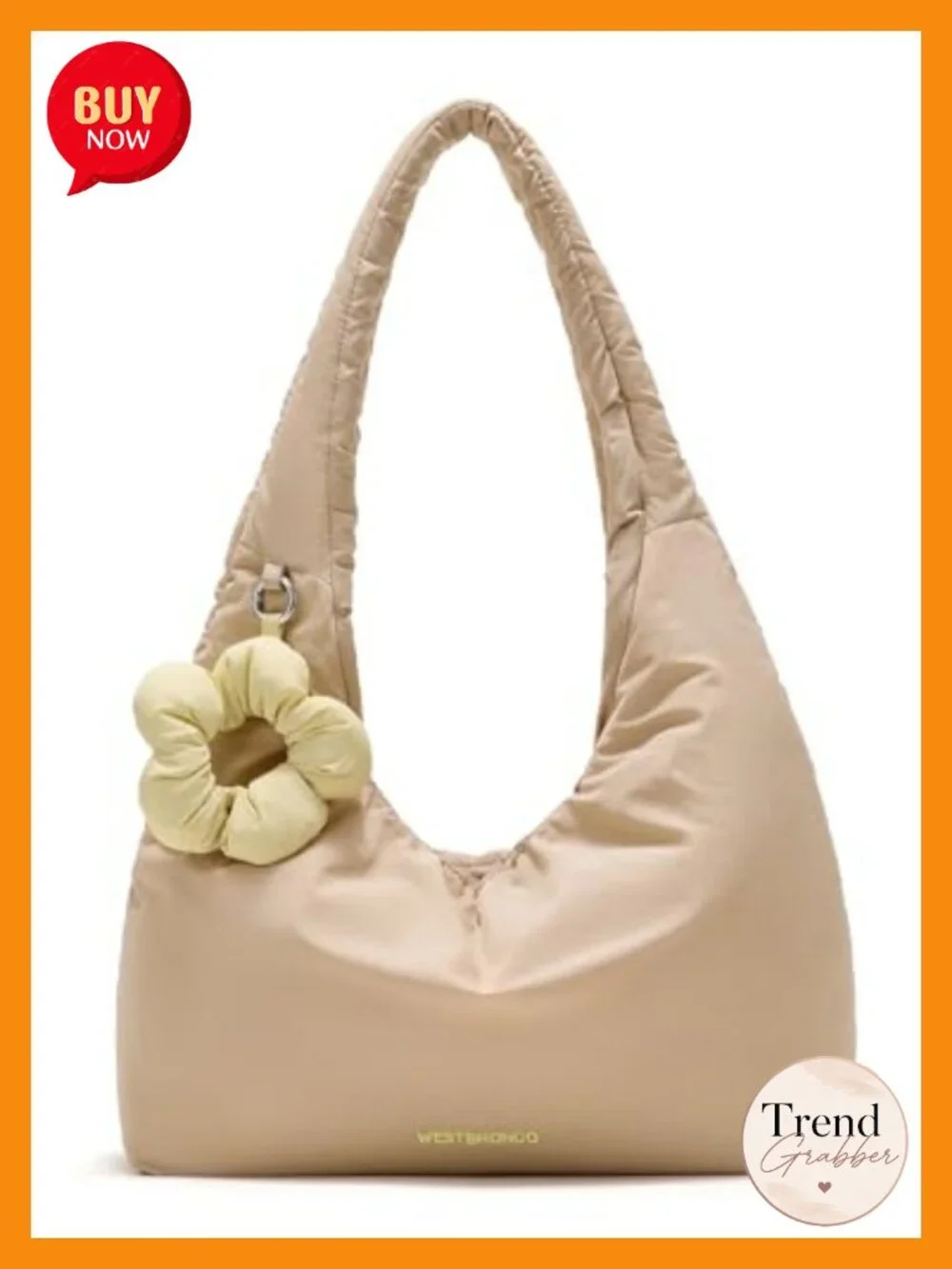Puffer Hobo Shoulder Bag with Flower Keychain, 14